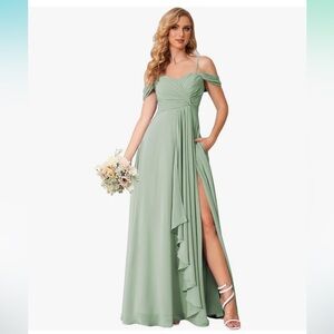 Women's Cold Shoulder Bridesmaid Dresses Long with Slit Chiffon Sage Green Dress